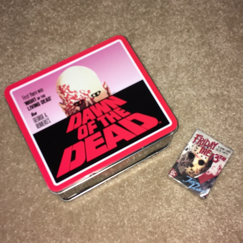 Dawn of the dead lunchbox and Fri the 13th card